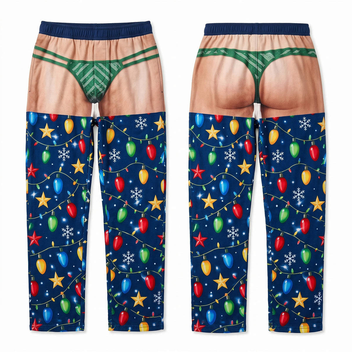 Christmas Lights pajama pants, front and back