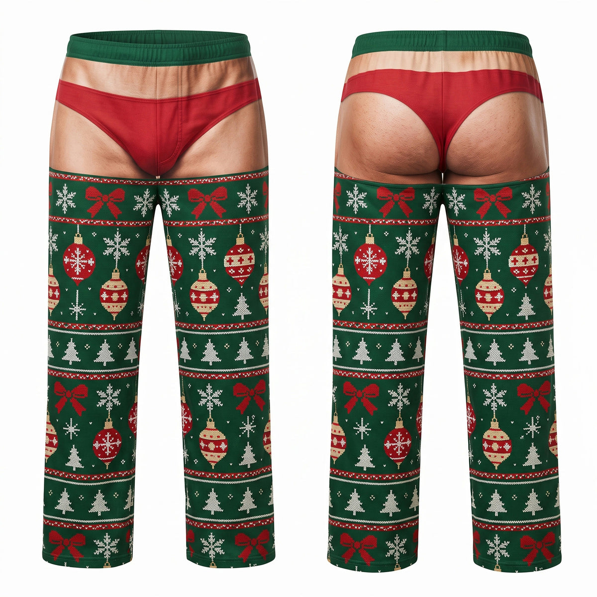 Ugly Sweater Ornaments pajama pants, front and back