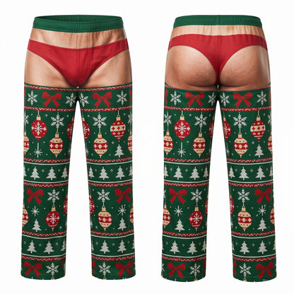 Ugly Sweater Ornaments pajama pants, front and back