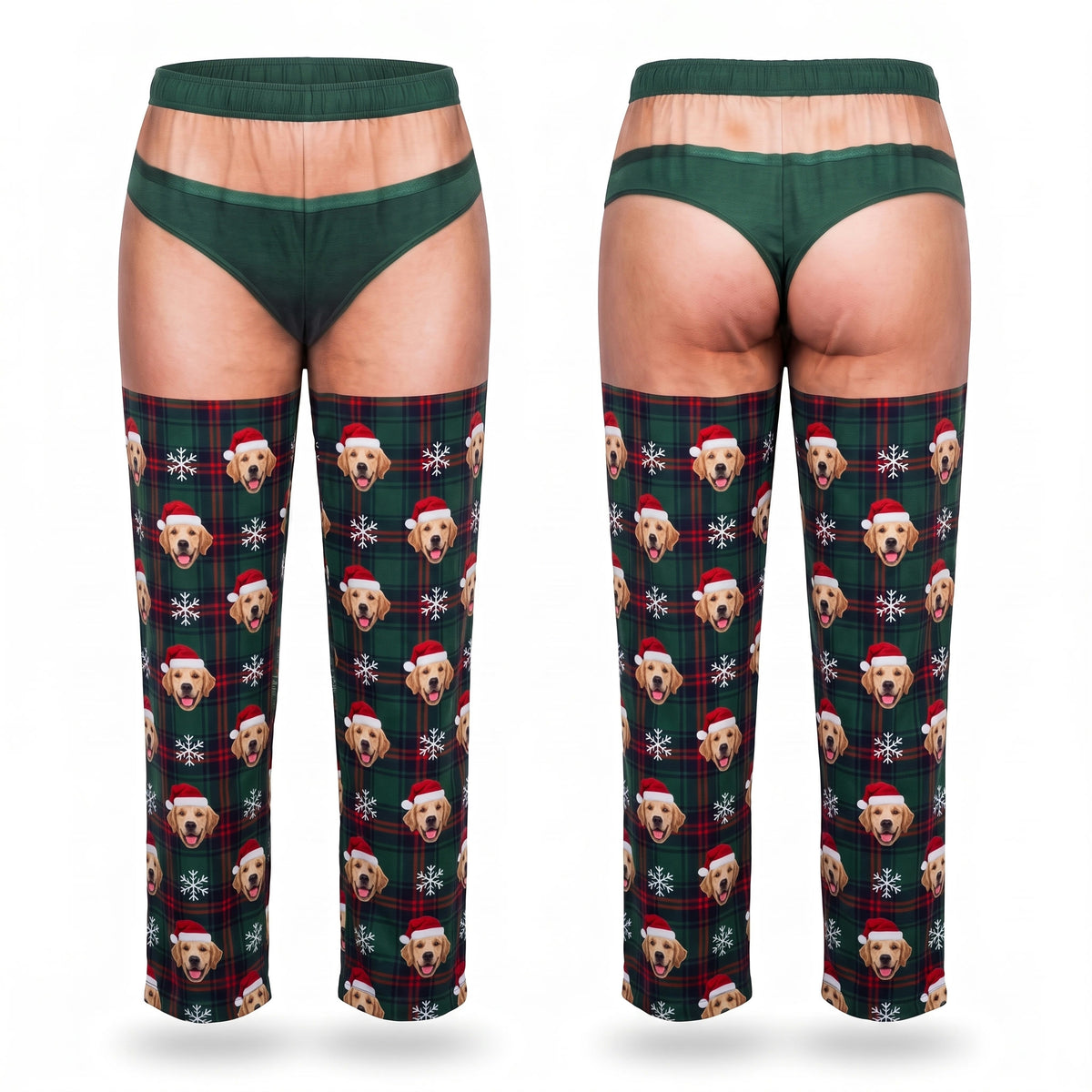 Santa Pups Christmas pajama pants, front and back